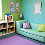 **

A cozy "calm corner" in a 4th-grade classroom. Soft blue and green walls, possibly with a hint of lavender scent (visual cue - maybe a subtle diffuser). A child is sitting comfortably with a book. The atmosphere should be serene and inviting, emphasizing relaxation and emotional safety.

**
