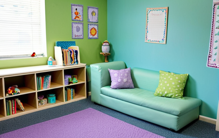 **
A cozy "calm corner" in a 4th-grade classroom. Soft blue and green walls, possibly with a hint of lavender scent (visual cue - maybe a subtle diffuser). A child is sitting comfortably with a book. The atmosphere should be serene and inviting, emphasizing relaxation and emotional safety.
**