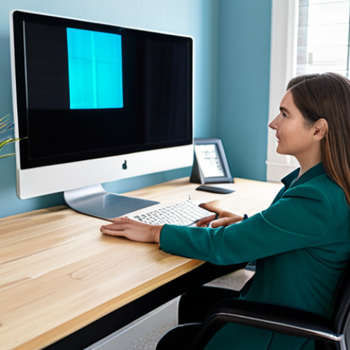 A professional female, fully clothed in a modest business casual outfit, focused at a modern, clean home office desk. The space is bathed in natural light from a large window. A vibrant green plant sits on the light wood desk next to a monitor displaying a calming blue-themed interface. The background features a subtle, neutral wall. The subject exhibits perfect anatomy, correct proportions, and a natural pose, with well-formed hands and proper finger count. The image should convey a sense of calm and productivity. High-quality professional photography, detailed, realistic, safe for work, appropriate content, modest clothing, family-friendly.