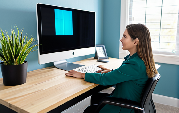 A professional female, fully clothed in a modest business casual outfit, focused at a modern, clean home office desk. The space is bathed in natural light from a large window. A vibrant green plant sits on the light wood desk next to a monitor displaying a calming blue-themed interface. The background features a subtle, neutral wall. The subject exhibits perfect anatomy, correct proportions, and a natural pose, with well-formed hands and proper finger count. The image should convey a sense of calm and productivity. High-quality professional photography, detailed, realistic, safe for work, appropriate content, modest clothing, family-friendly.