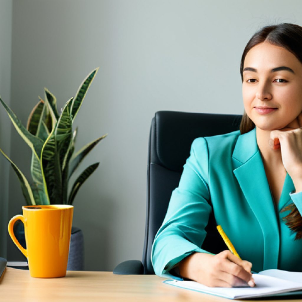 A content professional woman in a modest, elegant business-casual outfit, featuring calming soft blue and sage green tones. She is sitting comfortably at a clean, minimalist desk in a modern home office bathed in natural light. On her desk, there are a few thoughtfully placed items of complementary colors, such as a vibrant yellow pen holder and a warm orange mug, creating subtle visual energy. Her posture is relaxed and reflective, embodying a sense of calm and focus. Professional photography, high-resolution, soft ambient lighting. safe for work, appropriate content, fully clothed, professional dress, perfect anatomy, correct proportions, natural pose, well-formed hands, proper finger count, natural body proportions, family-friendly.