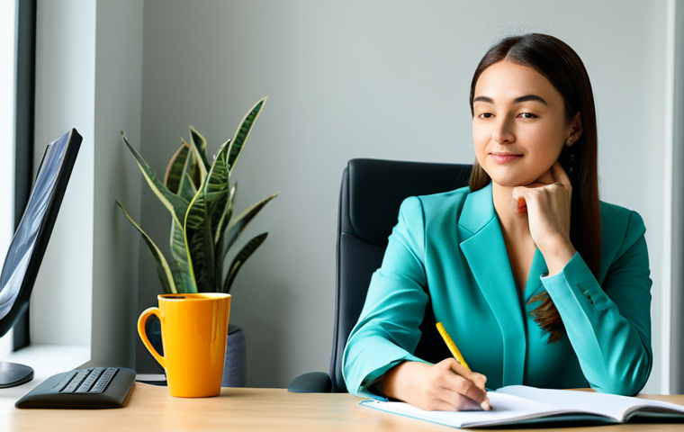 A content professional woman in a modest, elegant business-casual outfit, featuring calming soft blue and sage green tones. She is sitting comfortably at a clean, minimalist desk in a modern home office bathed in natural light. On her desk, there are a few thoughtfully placed items of complementary colors, such as a vibrant yellow pen holder and a warm orange mug, creating subtle visual energy. Her posture is relaxed and reflective, embodying a sense of calm and focus. Professional photography, high-resolution, soft ambient lighting. safe for work, appropriate content, fully clothed, professional dress, perfect anatomy, correct proportions, natural pose, well-formed hands, proper finger count, natural body proportions, family-friendly.