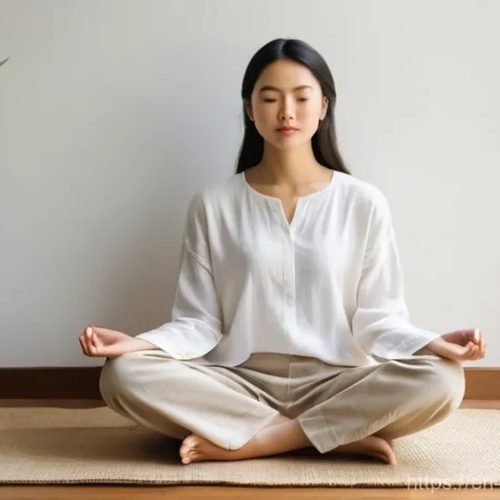 컬러테라피와 정신 건강의 관계 - **Prompt:** A serene and focused young woman in her mid-20s, wearing comfortable, modest oatmeal-col...