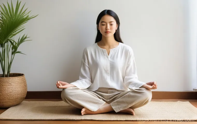 컬러테라피와 정신 건강의 관계 - **Prompt:** A serene and focused young woman in her mid-20s, wearing comfortable, modest oatmeal-col...