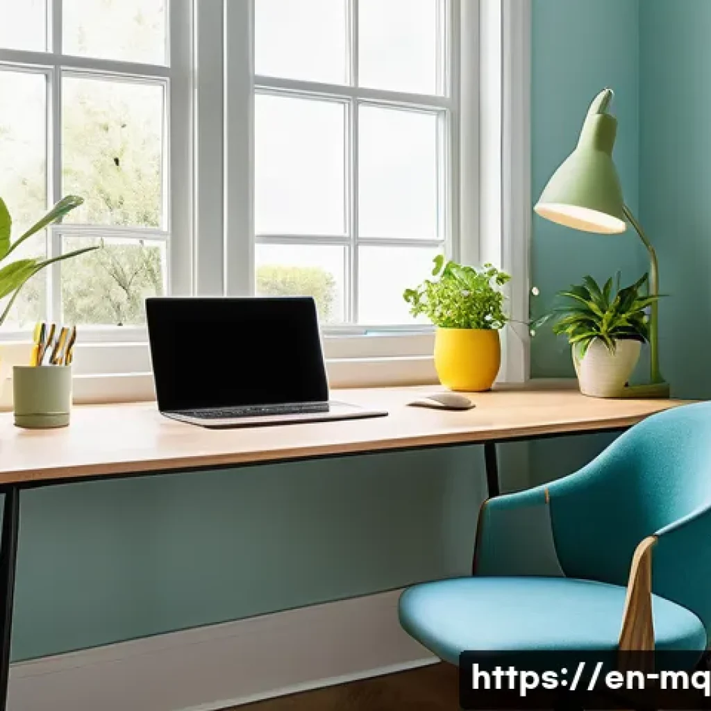 컬러테라피와 직무 스트레스 관리 - A modern home office workspace bathed in natural daylight near a large window, featuring a calming c...