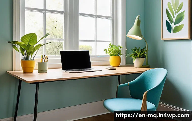 컬러테라피와 직무 스트레스 관리 - A modern home office workspace bathed in natural daylight near a large window, featuring a calming c...