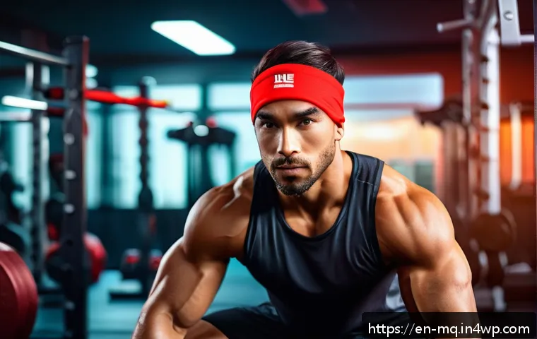컬러테라피 활용한 운동 프로그램 - A high-intensity gym scene featuring a fit young adult wearing vibrant red workout apparel including...