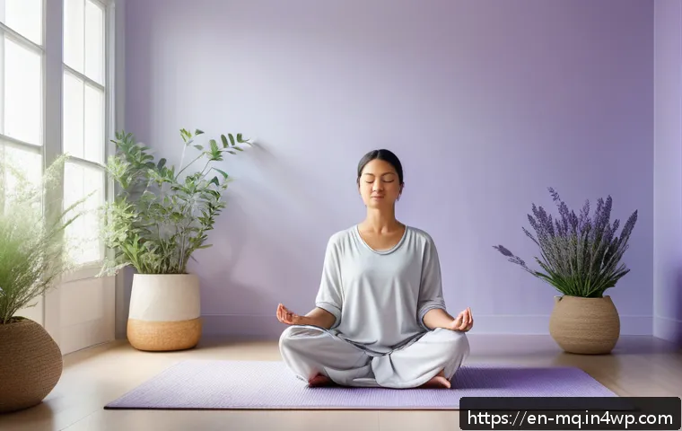 컬러테라피와 심리적 회복의 과정 - A serene meditation room bathed in soft natural light streaming through large windows, featuring pas...