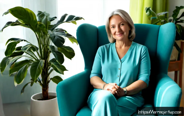 컬러테라피 활용한 심리적 안정법 - Photorealistic calm living room designed for color therapy, a middle-aged woman in comfortable modes...