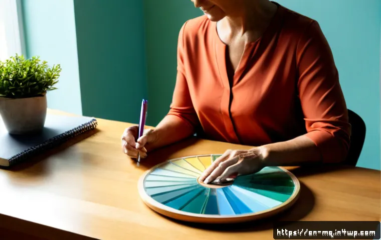 컬러테라피 효과적인 활용을 위한 도구 - Photorealistic wellness workspace for color therapy, a calm middle-aged woman seated at a light wood...