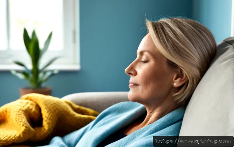Home 17 컬러테라피가 정서적 안녕에 미치는 효과 - Photorealistic lifestyle scene of a calm middle-aged woman relaxing in a sunlit living room, seated ...