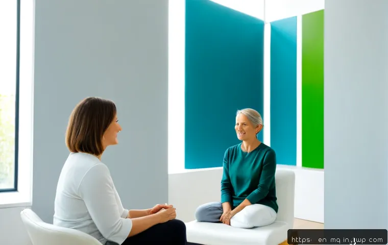 컬러테라피의 성공적인 활용 사례 - Photorealistic wellness counseling session in a bright contemporary therapy studio, calm middle-aged...
